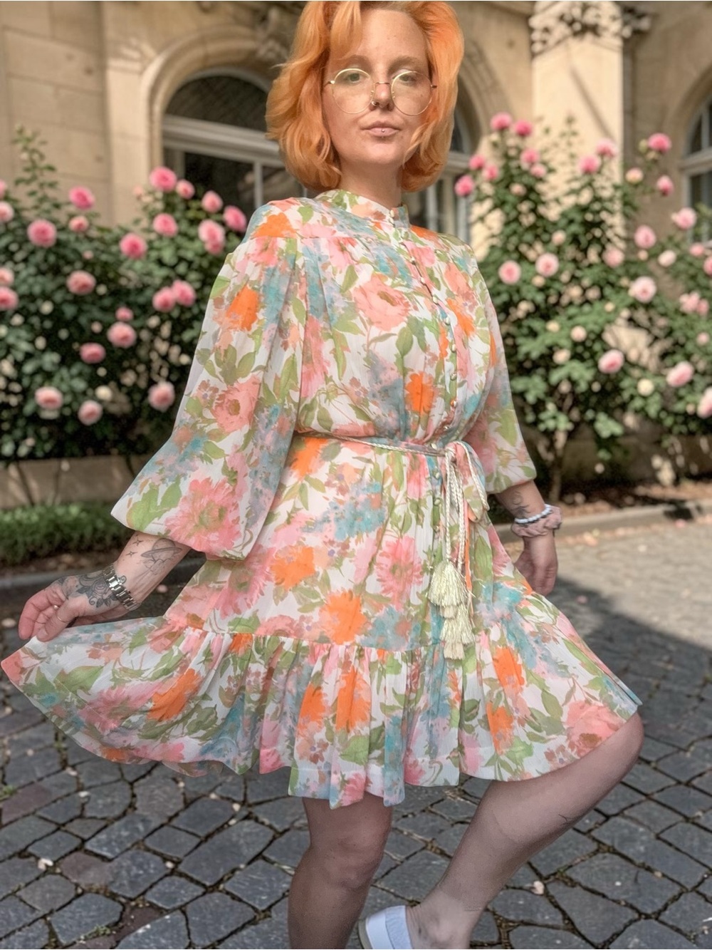 NWT Taylor Floral Tiered Chiffon Mini Dress Long Slv Sz 14 - Pink & Orange - Picture 2 of 16